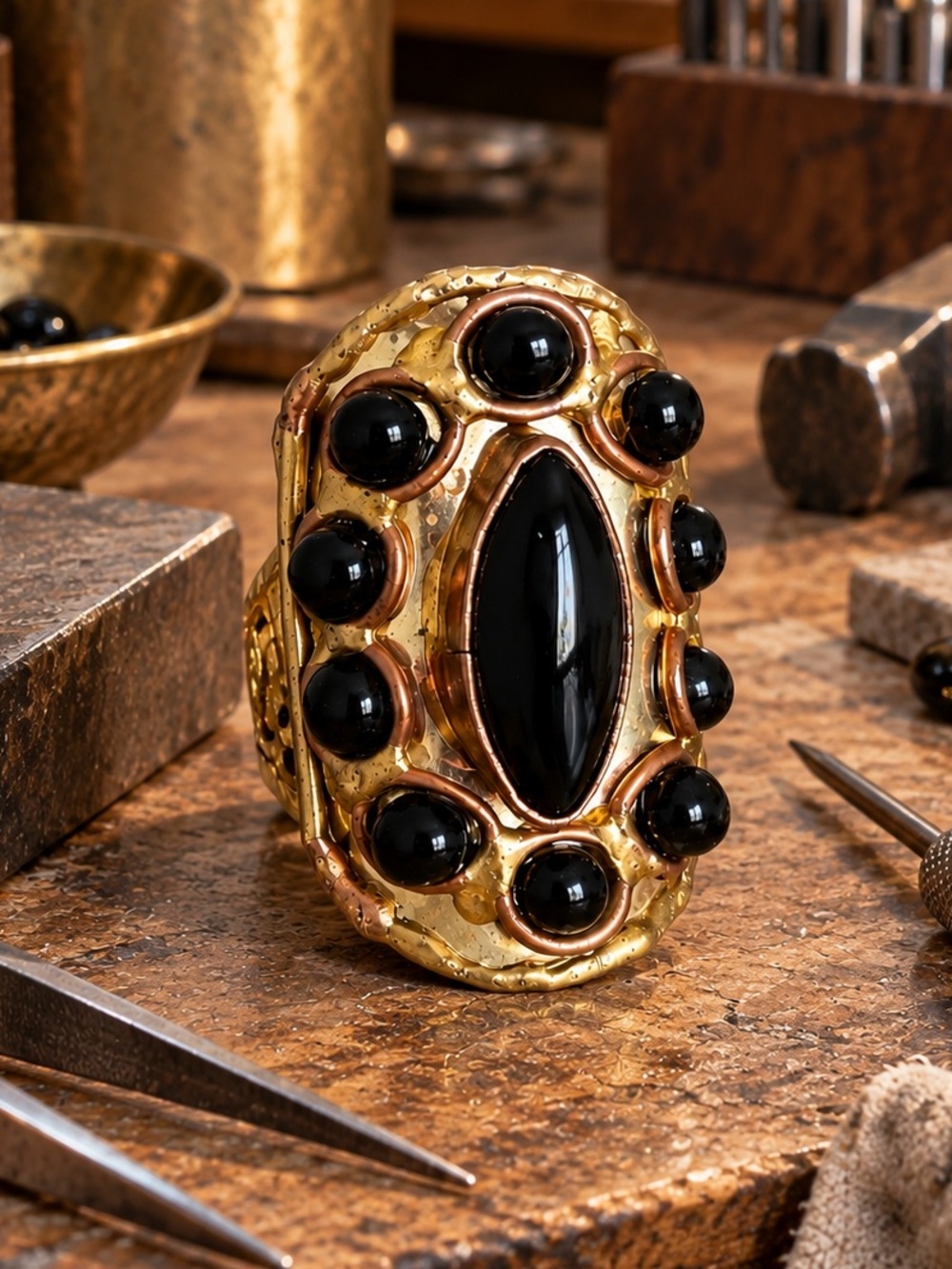 Artisan Mixed Metal Black Onyx Statement Ring Sterling Unique Handmade